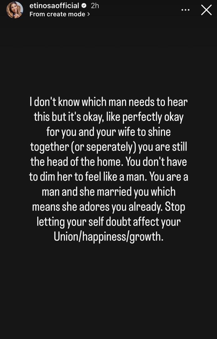 You don?t have to dim her light to feel like a man- actress Etinosa Ogbemudia addresses married men who feel threatened by their wife?s success